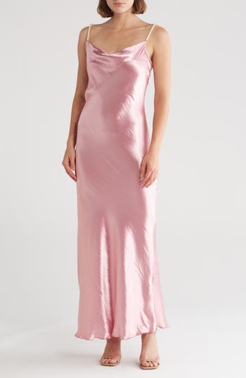 Bebe Hammered Satin Cowl Neck Pearl Strap Maxi Dress In Rose