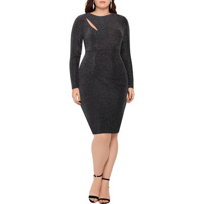 Plus Size Xscape Glitter Long Sleeve Cocktail Dress, Black