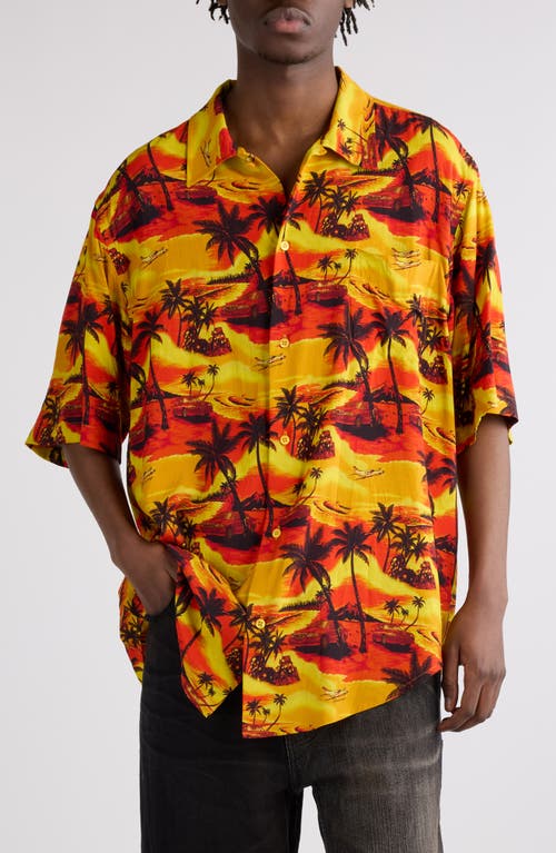 Balenciaga Minimal Tropical Short Sleeve Button-Up Shirt Orange at Nordstrom,