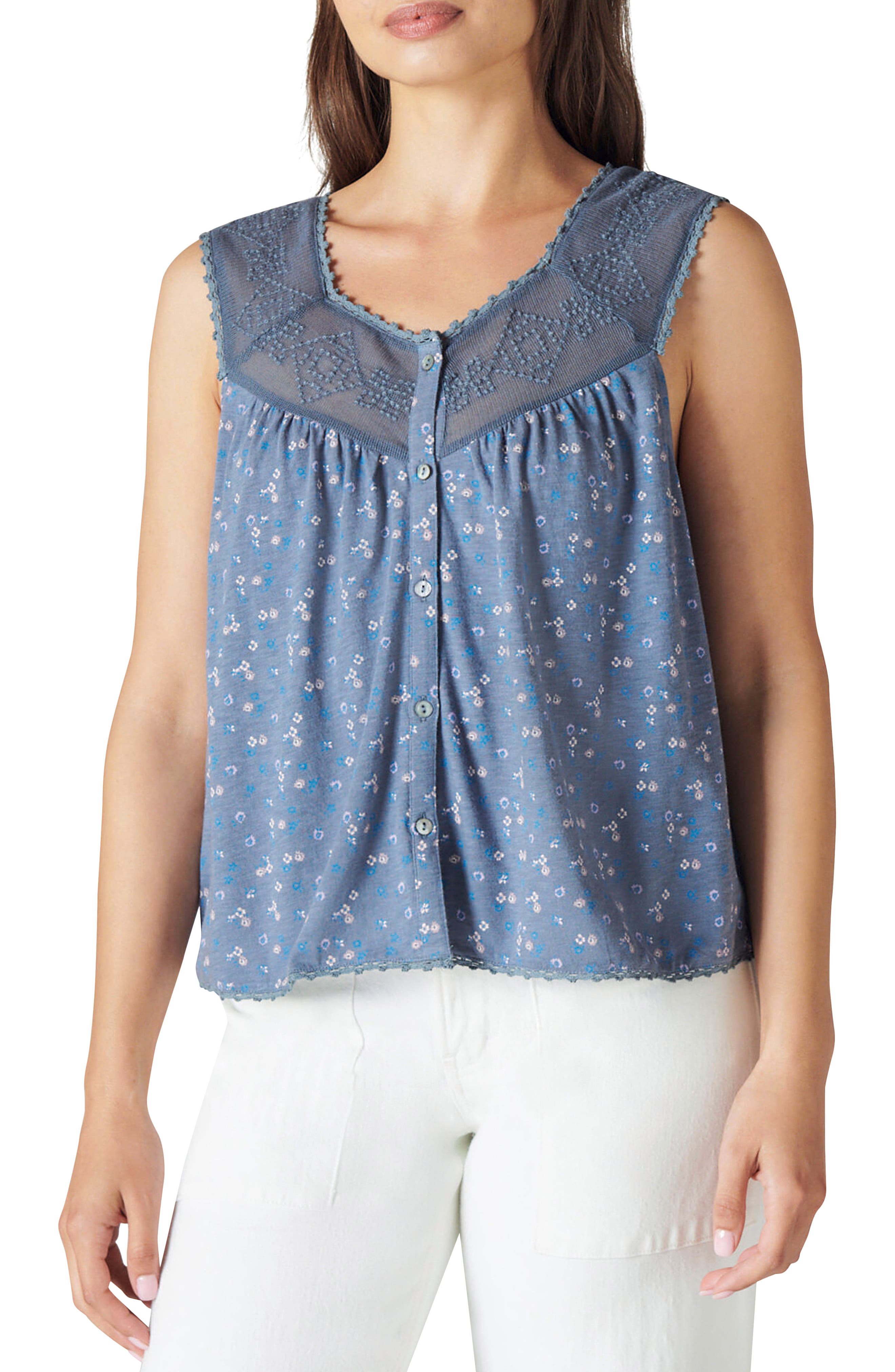 Lucky Brand Womens Ditsy Button Up Tank Top in Blue Multi
