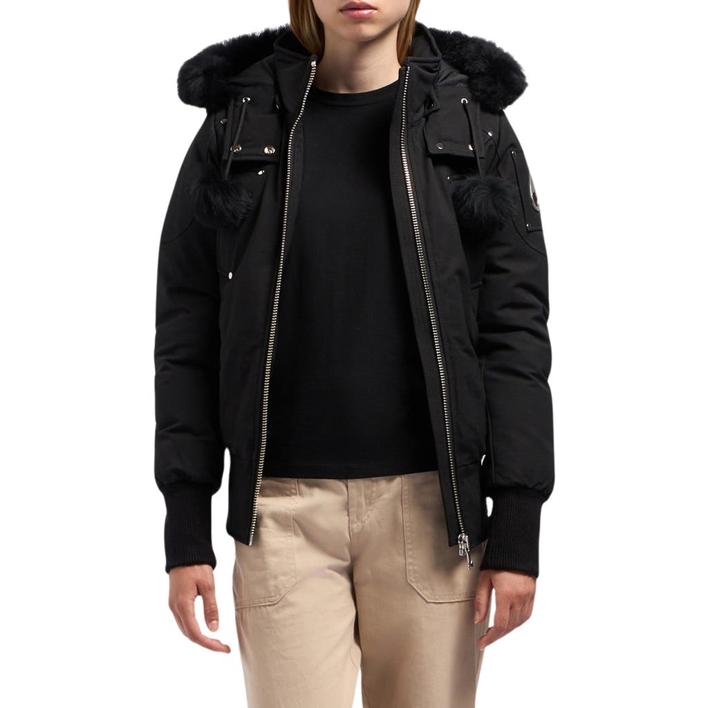 Moose Knuckles Original Debbie 650 Fill Power Down Hooded Bomber Jacket with Genuine Shearling Trim in Black W Black S