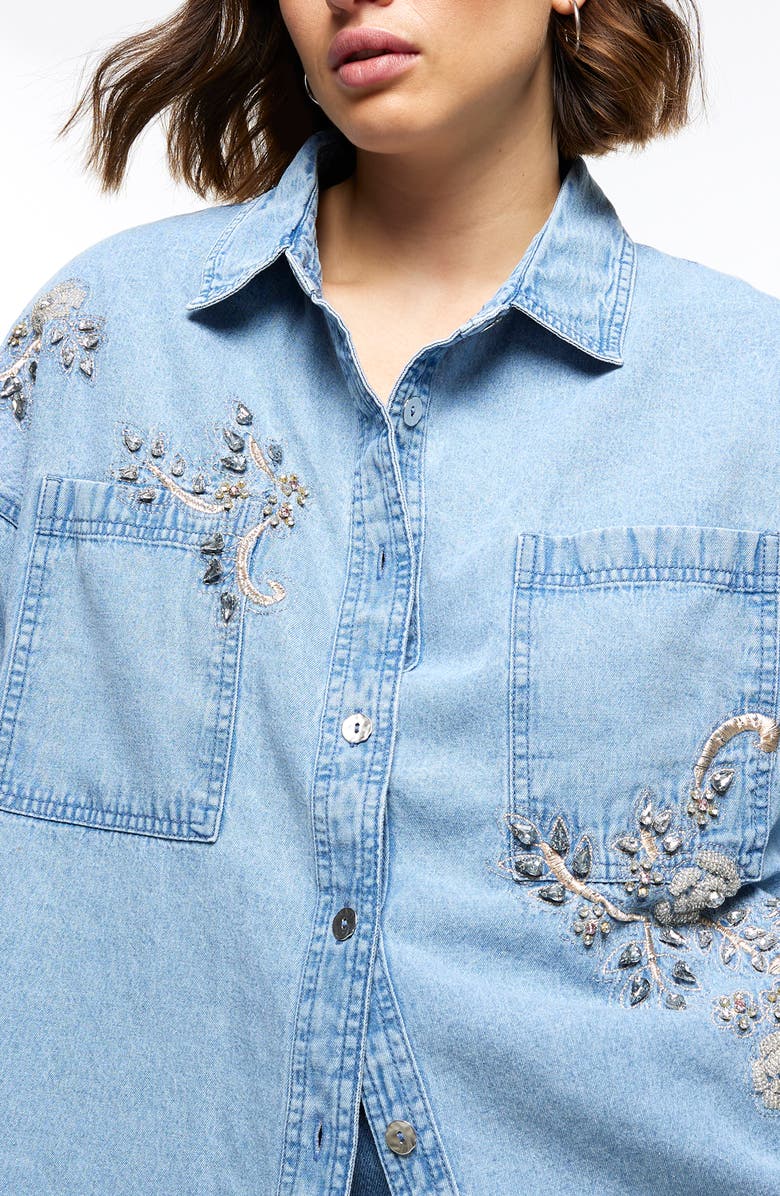 River Island Oversize Crystal Embellished Denim Button-Up Shirt | Nordstrom