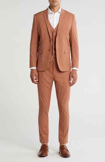 Gino Vitale Skinny Fit Solid Stretch Three Piece Suit In Rust Brown
