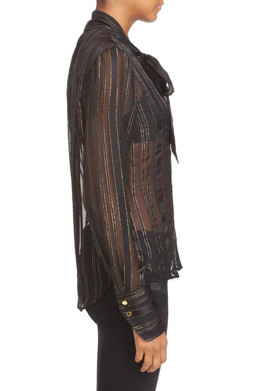 Shop Frame Tie Neck Metallic Stripe Silk Blouse In Noir Lurex Stripe