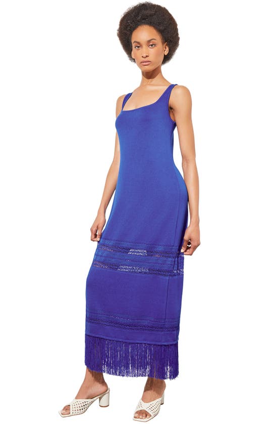 Shop Ming Wang Fringe Hem Pointelle Maxi Sweater Dress In Sapphire Sea