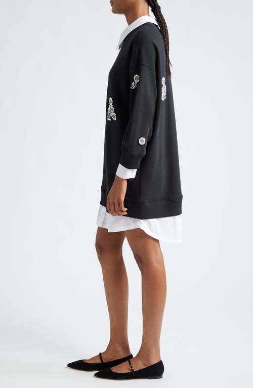 Shop Cinq À Sept Justina Crystal Chrysanthemum Long Sleeve Layered Cotton Blend Minidress In Black/white