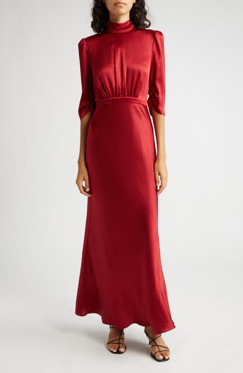 Anna Faris Red Satin Short Sleeve Slit Prom Dress
