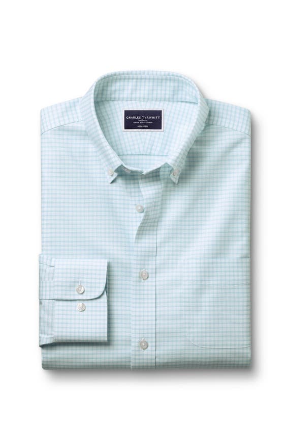 Shop Charles Tyrwhitt Slim Fit Button-down Collar Non-iron Stretch Check Oxford Shirt In Aqua Green