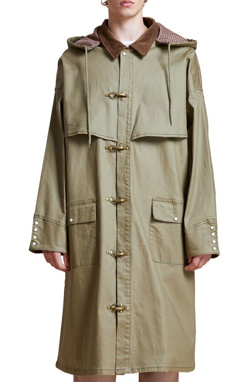 Hooded Water Resistant Waxed Cotton Blend Coat in Olive