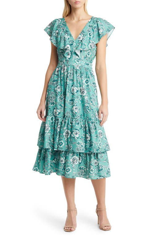Floral Ruffle Tiered Midi Dress in Green Wht
