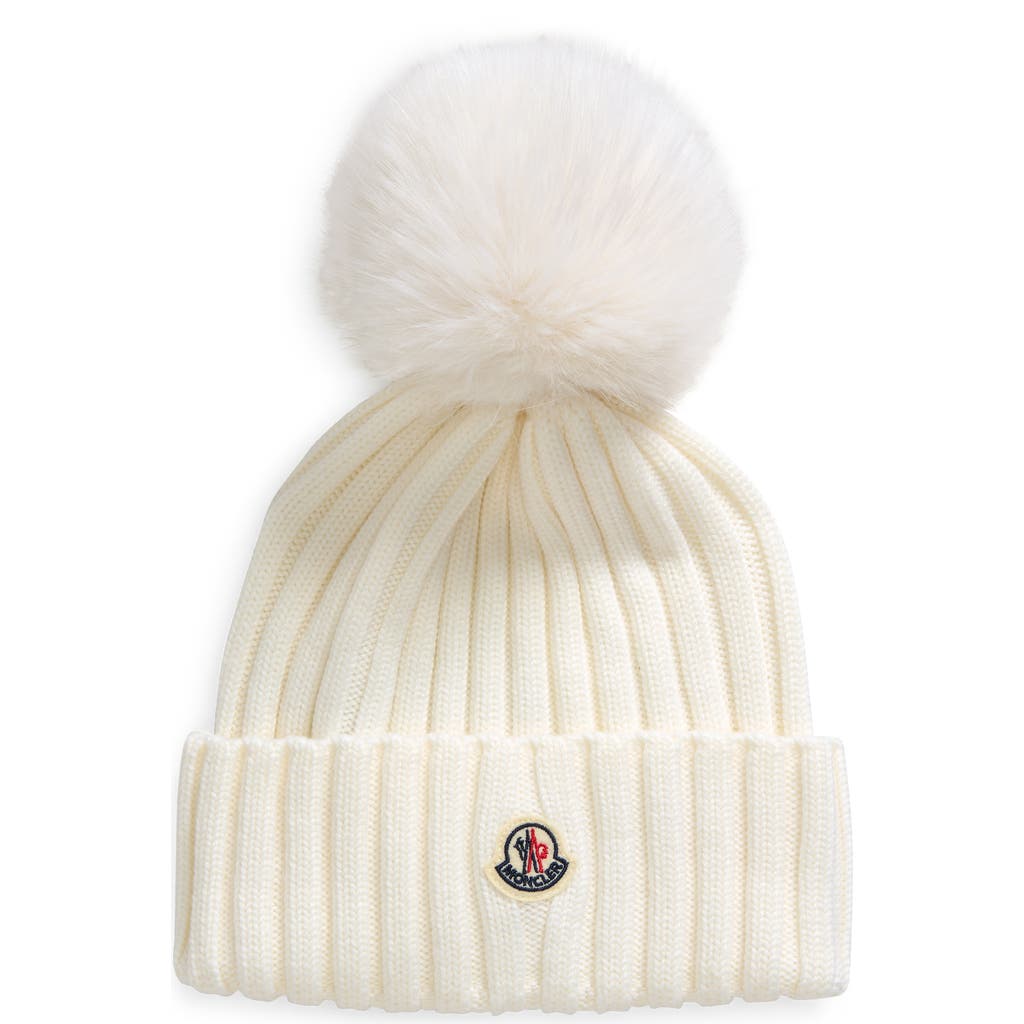 Shop Moncler Virgin Wool Rib Beanie With Faux Fur Pompom In Natural