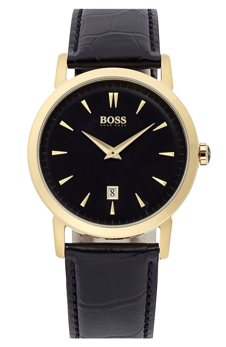 BOSS HUGO BOSS Round Leather Strap Watch, 40mm, Main, color, 001