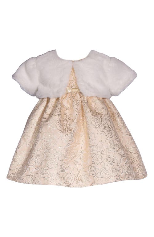 Iris & Ivy Kids' Metallic Rose Brocade Party Dress Faux Fur Bolero Gold at Nordstrom,