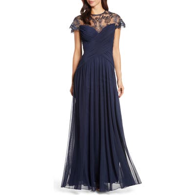 Tadashi Shoji Lace Mesh Gown, Blue