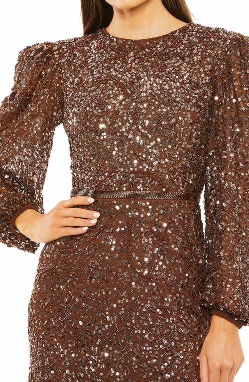 Shop Mac Duggal Sequin Balloon Sleeve Gown In Chocolate