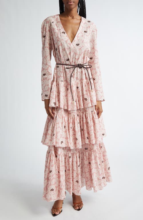 Zimmermann Ottie Floral Long Sleeve Tiered Maxi Dress In Dusty Rose Floral
