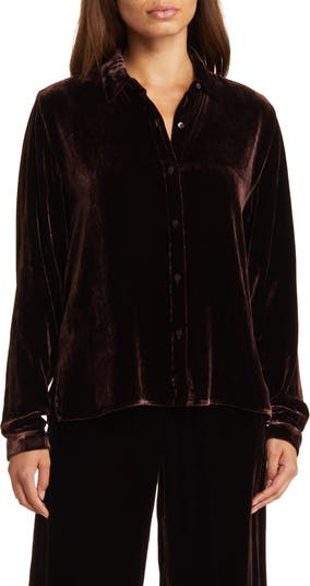 J Jill Silk Blend Velvet Button Up Dressy Top Shirt Burgundy