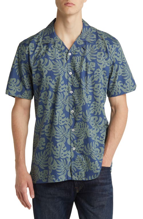 Leaf Print Short Sleeve Cotton Button-Up Shirt in Blue/Green