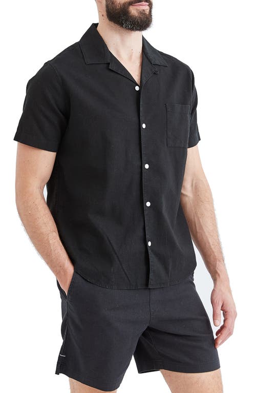 Goodlife Short Sleeve Linen & Cotton Button-Up Shirt in Black