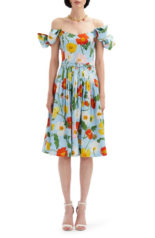 Oscar de la Renta Poppy Print Belted Off the Shoulder Bow Detail Dress Light Blue Multi at Nordstrom,