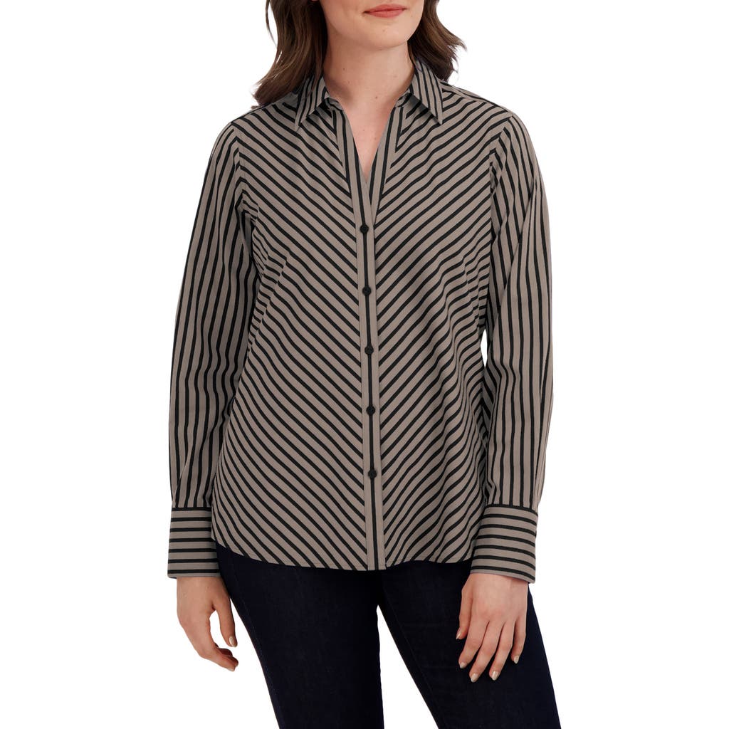 Foxcroft Mary Stripe Stretch Button-up Shirt In Almond/black