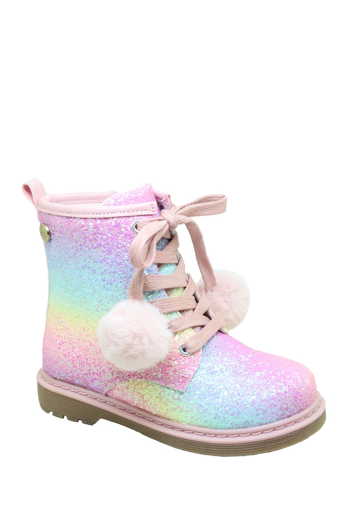 Nicole Miller Kids' Glitter Pompom Lace-up Boot In Pastel Rainbow