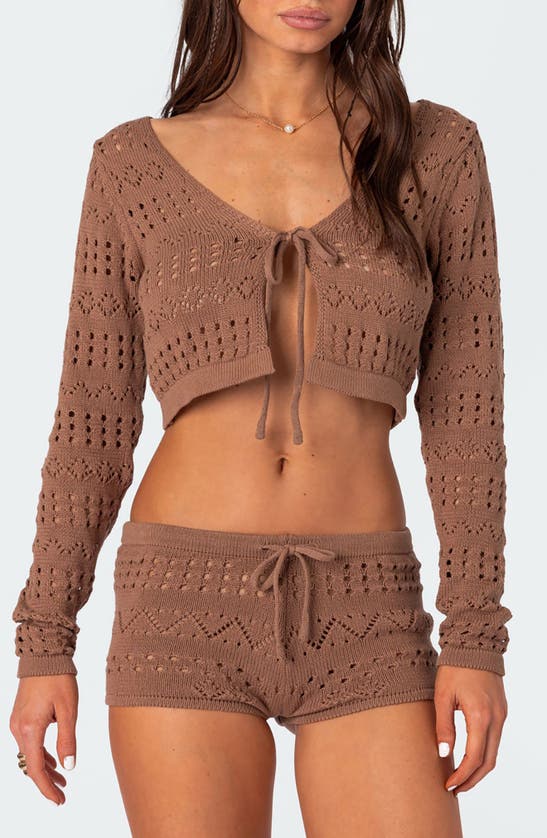 Edikted Betsy Open Stitch Tie Front Crop Cardigan In Brown