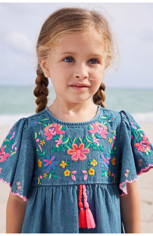 Next Kids' Floral Embroidered Denim Caftan Dress In Indigo