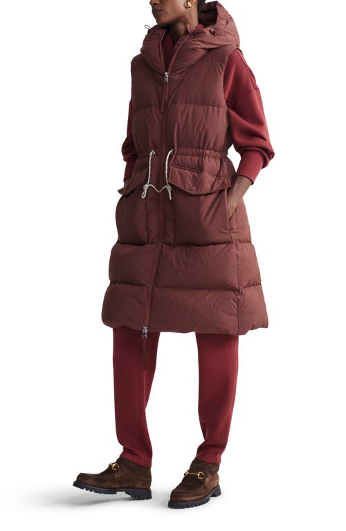 Shop Varley Irving Water Resistant Hooded Long 750 Fill Power Down Vest In Hot Chocolate