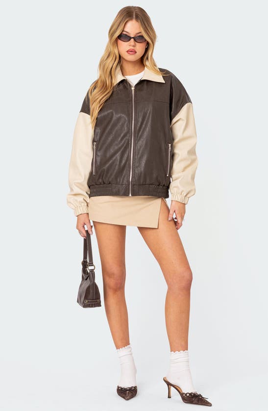 Shop Edikted Oversize Colorblock Faux Leather Bomber Jacket In Brown
