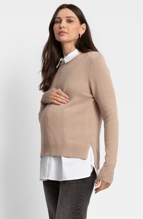 Seraphine Crewneck Maternity Sweater & Button-up Shirt Set In Camel