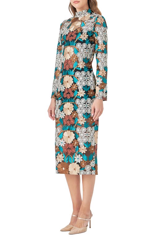 Shop Endless Rose Floral Embroidered Long Sleeve Dress In Green Multi