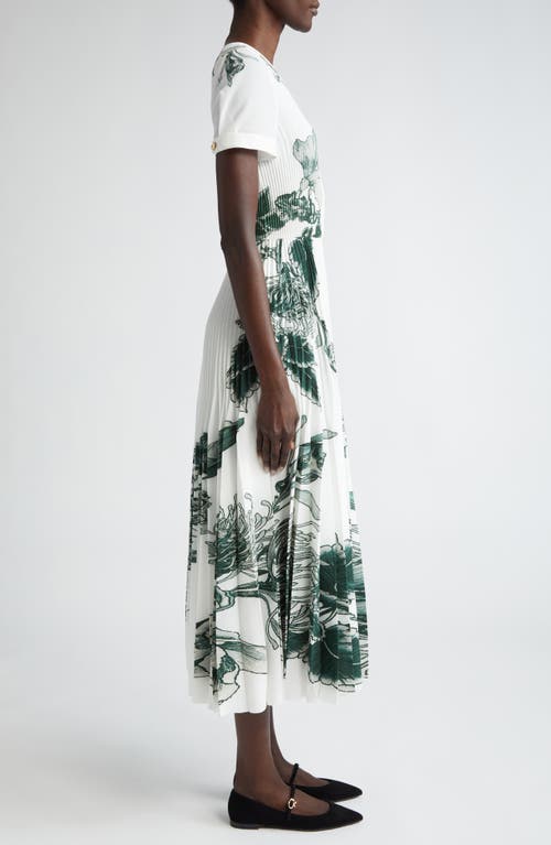 Shop Jason Wu Collection Forest Print Pleated Stretch Crepe Dress In Chalk/emerald