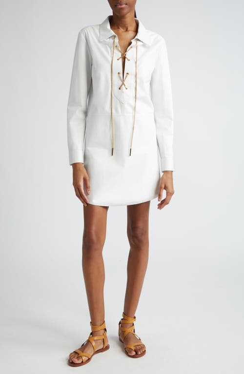 Michael Kors Collection Lace-Up Chain Long Sleeve Leather Shirtdress Optic White at Nordstrom,