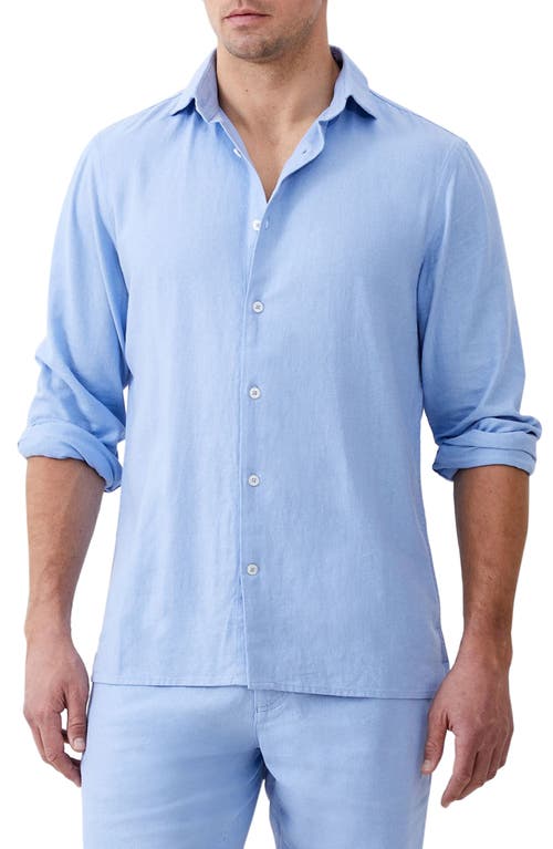 Solid Linen Blend Button-Up Shirt in Light Blue