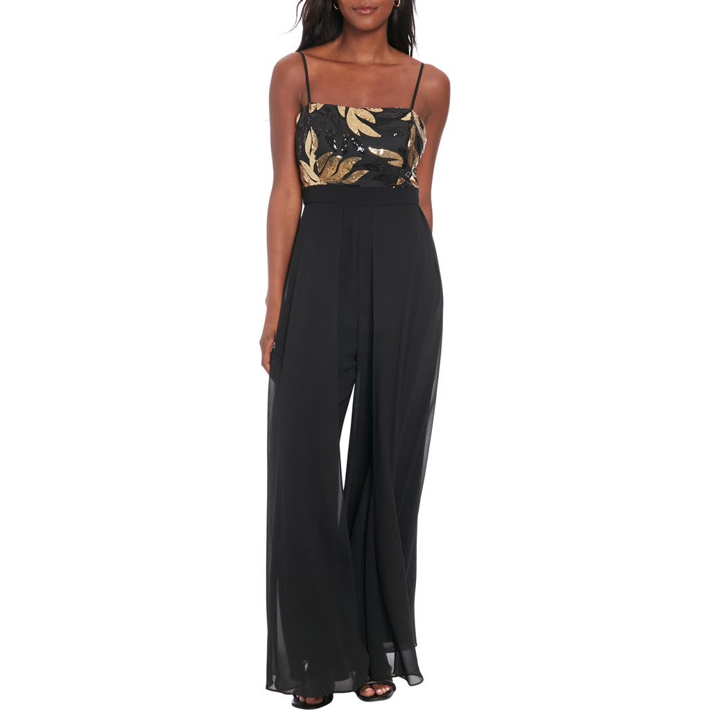 London Times Petite Sequin-bodice Wide-leg Jumpsuit In Black Gold