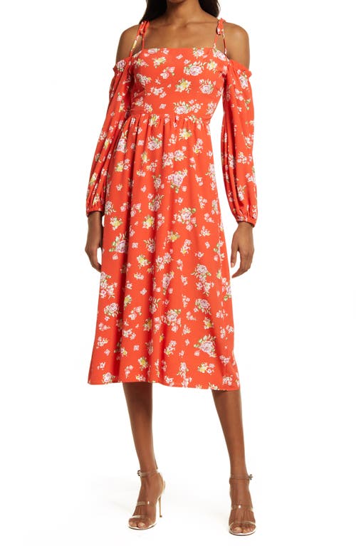 Charles Henry Cold Shoulder Long Sleeve Midi Dress in Tomato Ditsy Floral