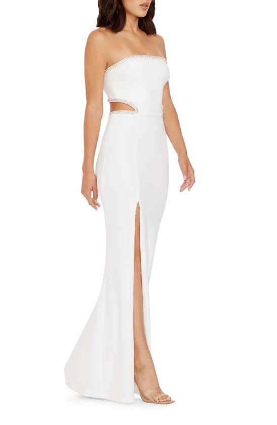 Shop Dress The Population Ariana Rhinestone Trim Cutout Gown In White-silver