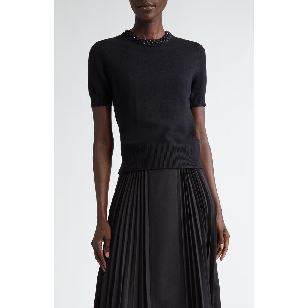 Akris Punto Jeweled Crewneck Short Sleeve Cashwool® Sweater In Black