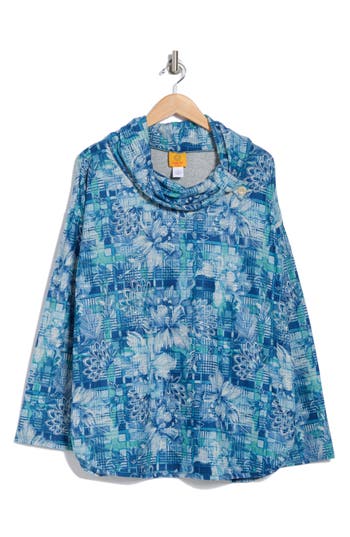 Ruby Rd. Ruby Rd Floral Plaid Long Sleeve Hacci Top In Porcelain Blue Multi