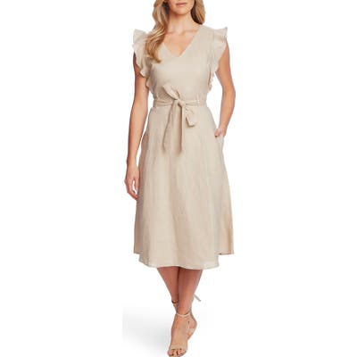 Cece Flutter Sleeve Belted Linen Midi Dress, Beige