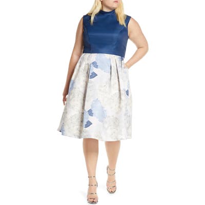 Plus Size Chi Chi London Curve Cyd Satin & Floral Print Cocktail Dress, Blue