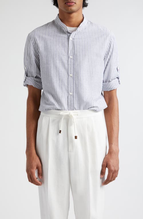 Brunello Cucinelli Stripe Band Collar Cotton & Linen Shirt C016 White Blue at Nordstrom,