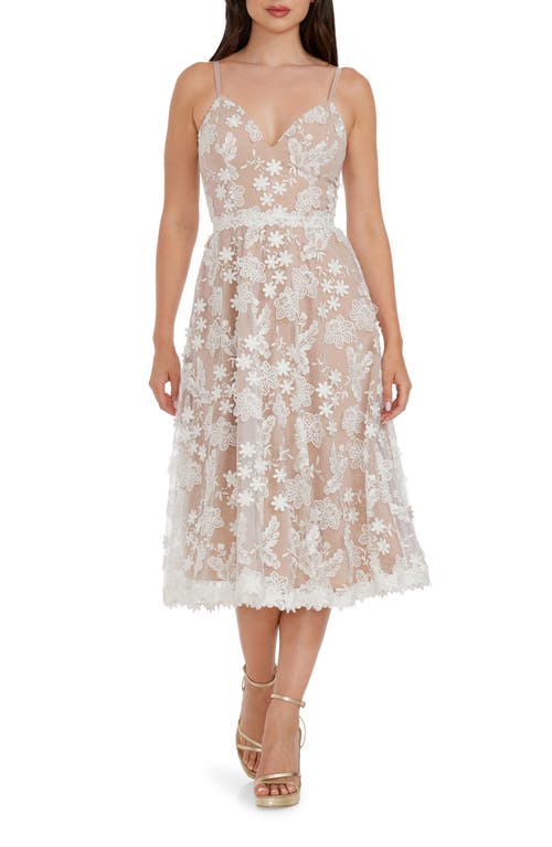 Dress The Population Tahani Floral Embroidered Fit & Flare Midi Dress In White