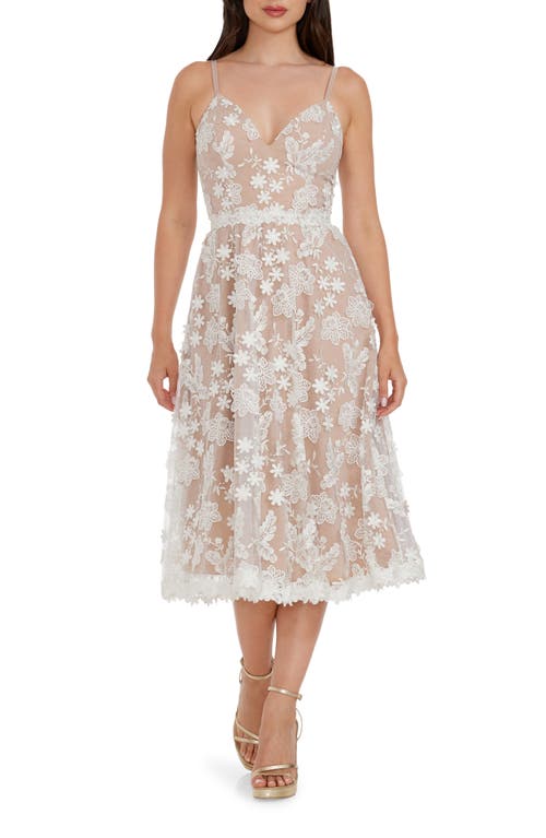 Shop Dress The Population Tahani Floral Embroidered Fit & Flare Midi Dress In White/nude
