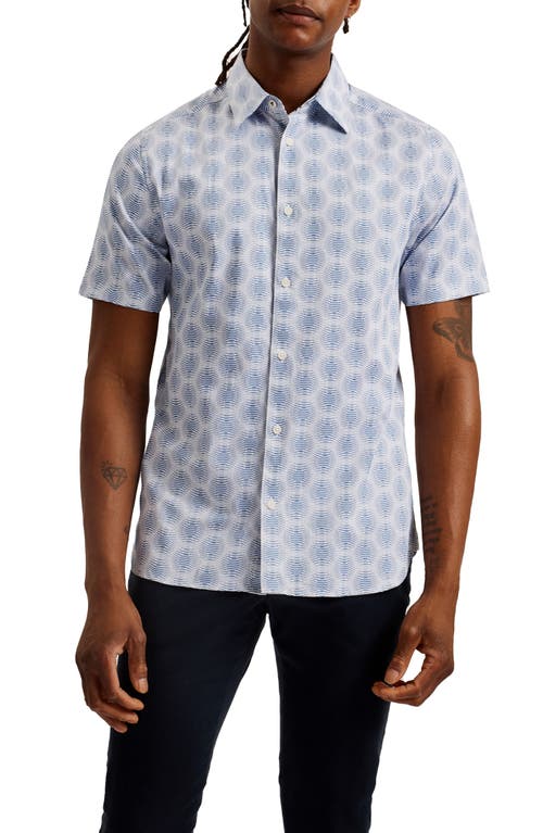 Pearsho Slim Fit Print Short Sleeve Stretch Cotton Button-Up Shirt in White