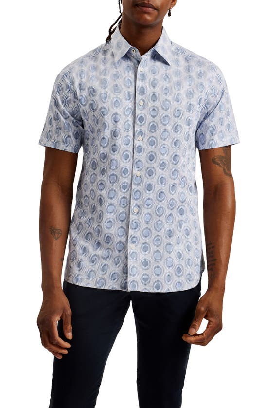 Ted Baker Pearsho Slim Fit Print Short Sleeve Stretch Cotton Button-up Shirt In White