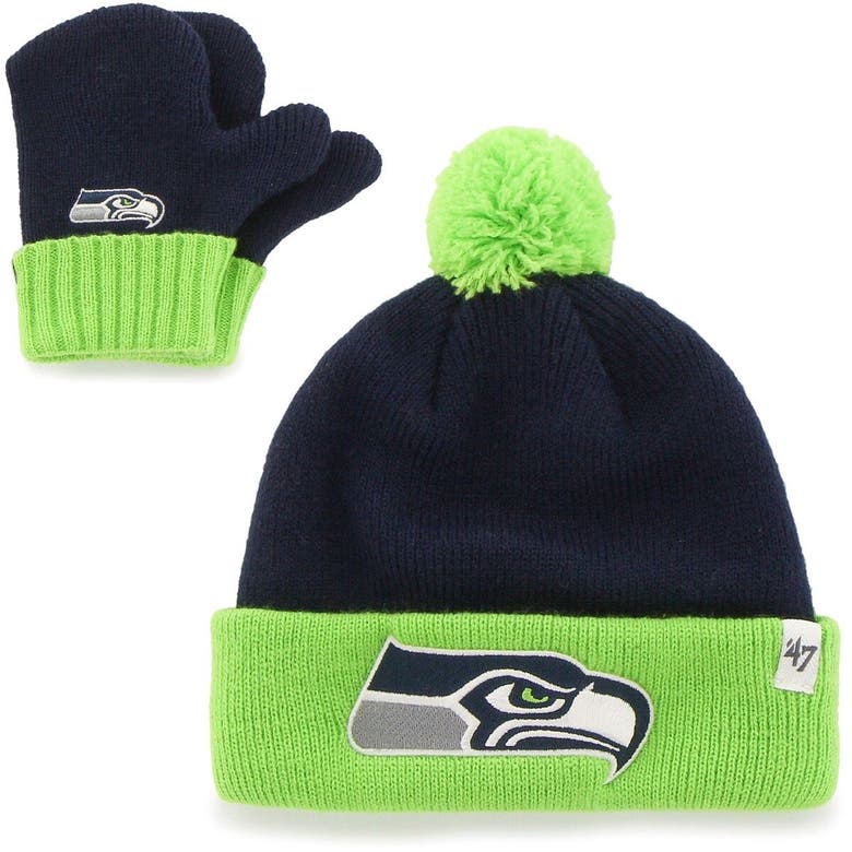 47 Babies' Infant ' College Navy/neon Green Seattle Seahawks Bam Bam Cuffed Knit Hat With Pom And Mittens Set