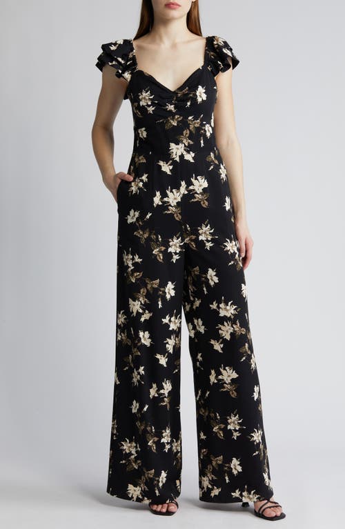 Floral Cap Sleeve Wide Leg Jumpsuit in Black- Ivory Classic Floral