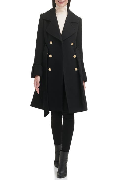 Women's Pea Coat Style Long Woolen Coat - High Buttons / Black